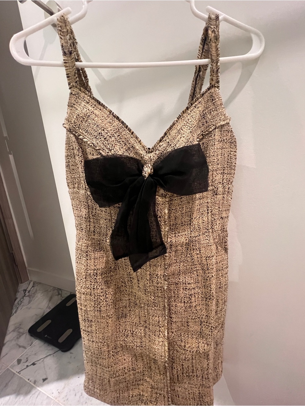 Sandro Elegant Tweed Slip Dress with Black Bow